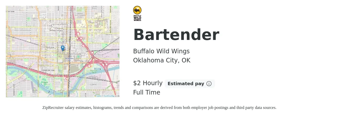Buffalo Wild Wings job posting for a Bartender in Oklahoma City, OK with a salary of $2 to $6 Hourly with a map of Oklahoma City location.