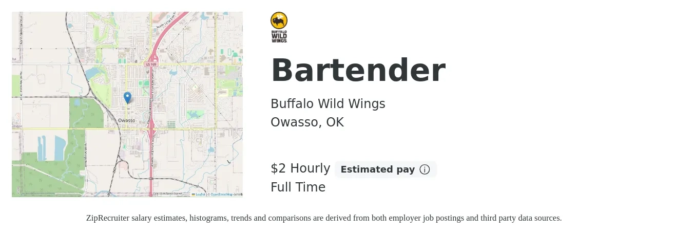 Buffalo Wild Wings job posting for a Bartender in Owasso, OK with a salary of $2 Hourly with a map of Owasso location.