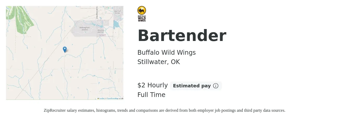 Buffalo Wild Wings job posting for a Bartender in Stillwater, OK with a salary of $2 Hourly with a map of Stillwater location.