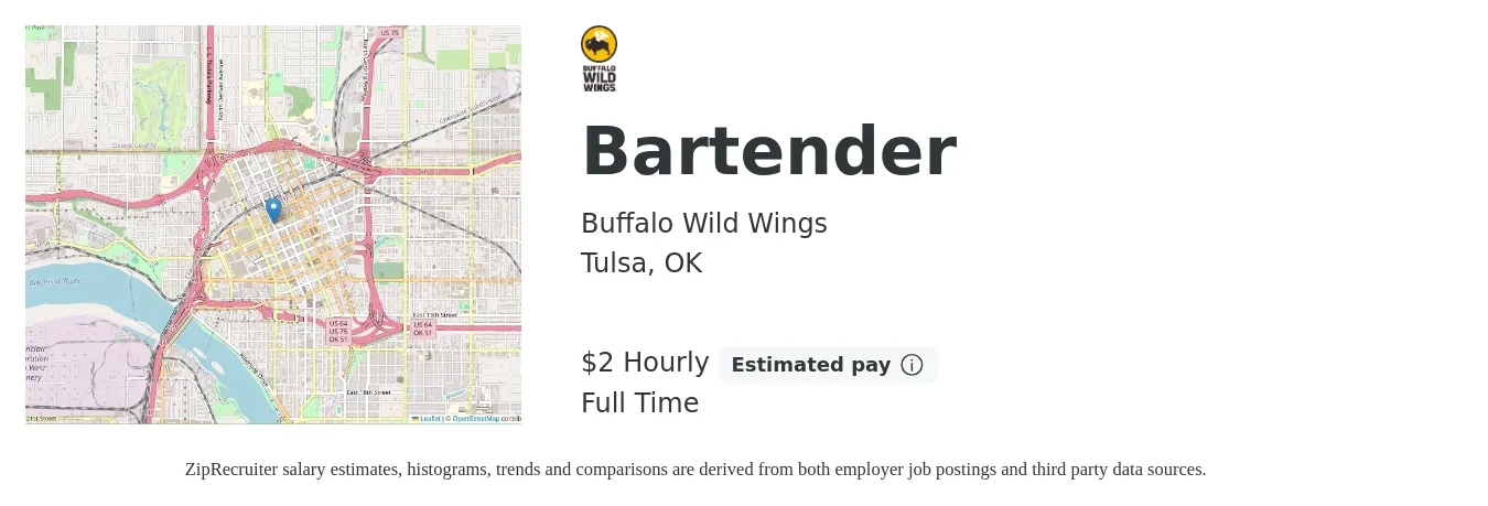 Buffalo Wild Wings job posting for a Bartender in Tulsa, OK with a salary of $2 Hourly with a map of Tulsa location.