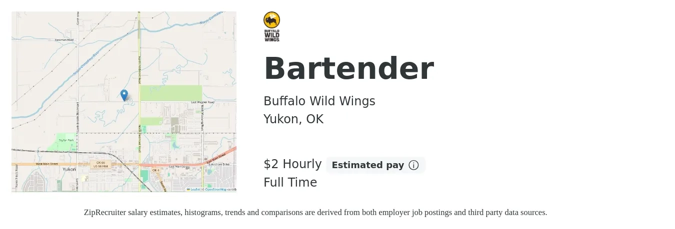 Buffalo Wild Wings job posting for a Bartender in Yukon, OK with a salary of $2 Hourly with a map of Yukon location.