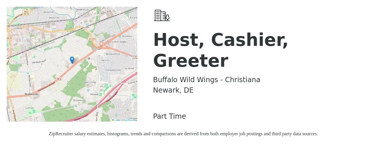 Buffalo Wild Wings - Christiana job posting for a Host, Cashier, Greeter in Newark, DE with a salary of $12 to $16 Hourly with a map of Newark location.