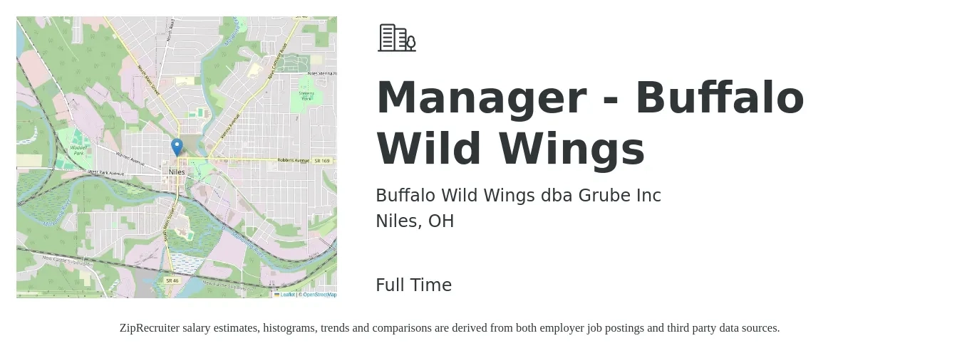 Buffalo Wild Wings dba Grube Inc job posting for a Manager - Buffalo Wild Wings in Niles, OH with a salary of $39,200 to $55,300 Yearly with a map of Niles location.