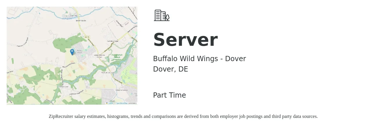 Buffalo Wild Wings - Dover job posting for a Server in Dover, DE with a salary of $11 to $18 Hourly with a map of Dover location.