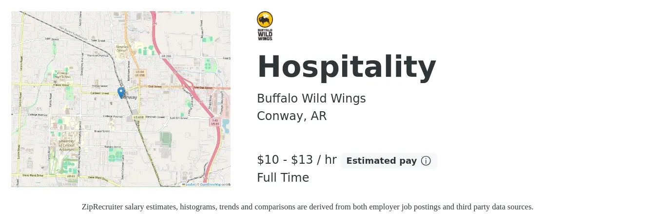 Buffalo Wild Wings job posting for a Hospitality in Conway, AR with a salary of $11 to $14 Hourly with a map of Conway location.