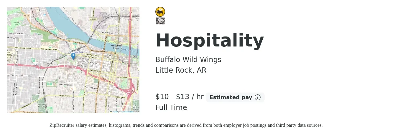 Buffalo Wild Wings job posting for a Hospitality in Little Rock, AR with a salary of $11 to $14 Hourly with a map of Little Rock location.