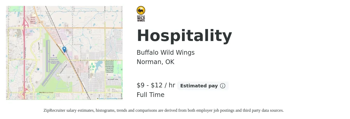 Buffalo Wild Wings job posting for a Hospitality in Norman, OK with a salary of $10 to $13 Hourly with a map of Norman location.