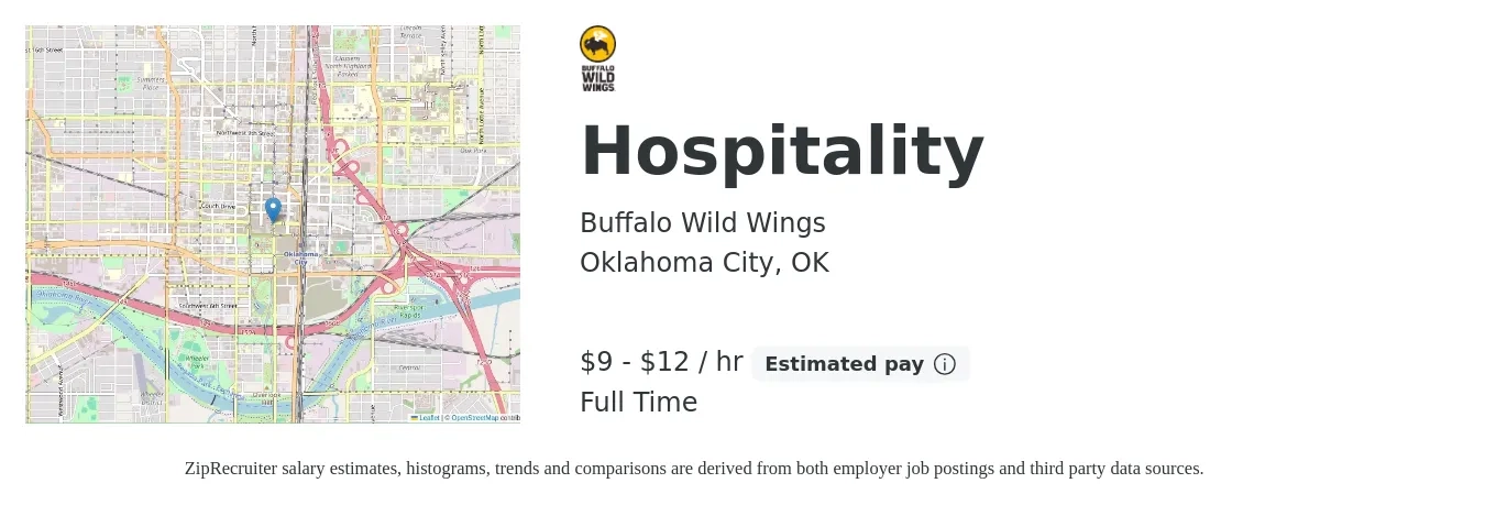 Buffalo Wild Wings job posting for a Hospitality in Oklahoma City, OK with a salary of $10 to $13 Hourly with a map of Oklahoma City location.