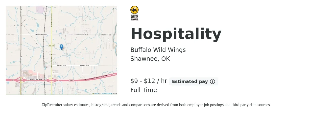 Buffalo Wild Wings job posting for a Hospitality in Shawnee, OK with a salary of $10 to $13 Hourly with a map of Shawnee location.