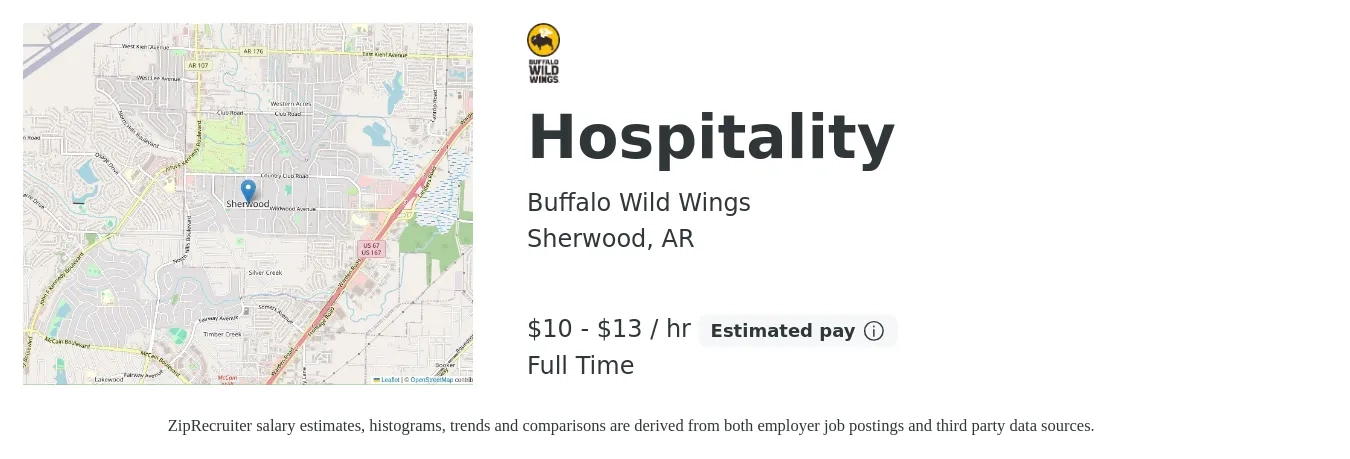 Buffalo Wild Wings job posting for a Hospitality in Sherwood, AR with a salary of $11 to $14 Hourly with a map of Sherwood location.