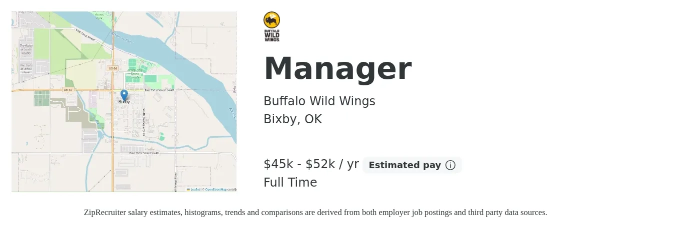 Buffalo Wild Wings job posting for a Manager in Bixby, OK with a salary of $45,000 to $52,000 Yearly with a map of Bixby location.
