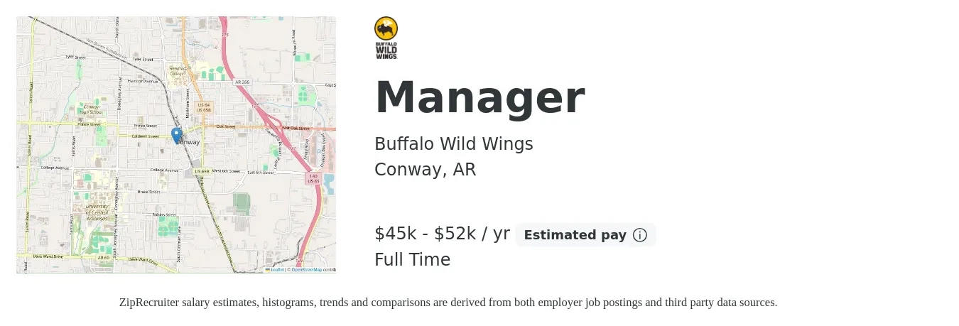 Buffalo Wild Wings job posting for a Manager in Conway, AR with a salary of $45,000 to $52,000 Yearly with a map of Conway location.