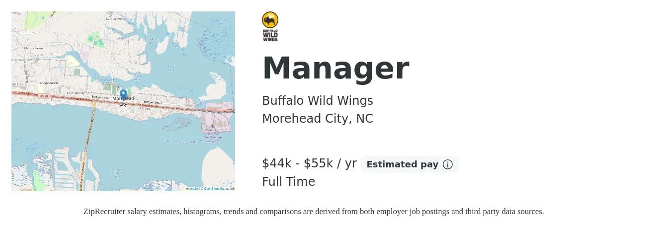 Buffalo Wild Wings job posting for a Manager in Morehead City, NC with a salary of $44,000 to $55,000 Yearly with a map of Morehead City location.
