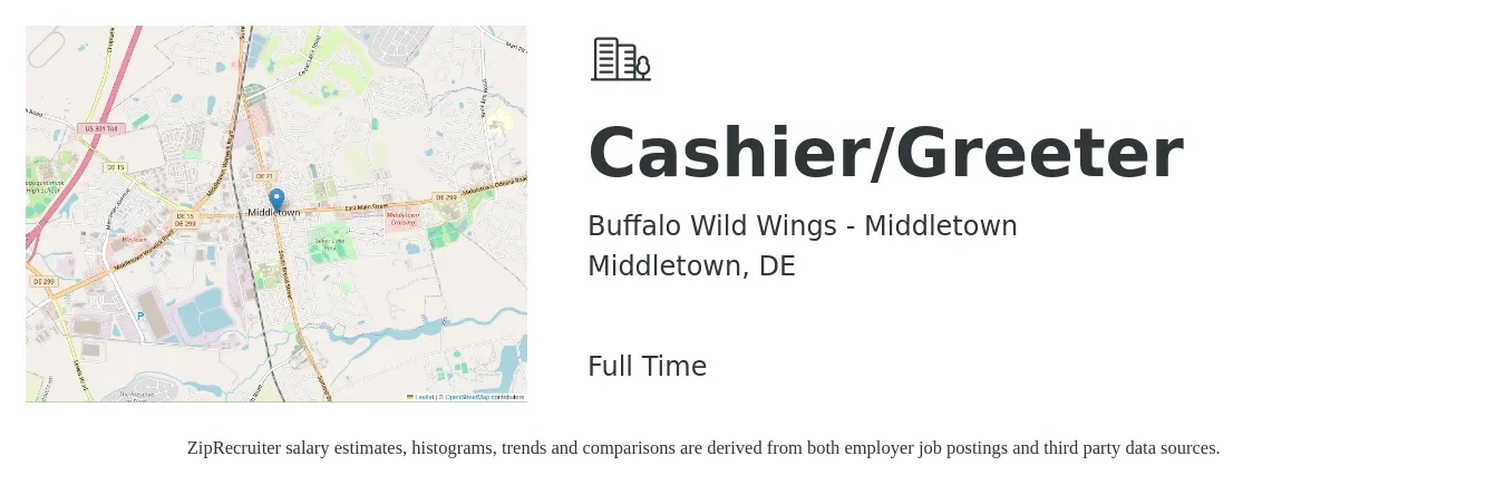Buffalo Wild Wings - Middletown job posting for a Cashier/Greeter in Middletown, DE with a salary of $12 to $15 Hourly with a map of Middletown location.