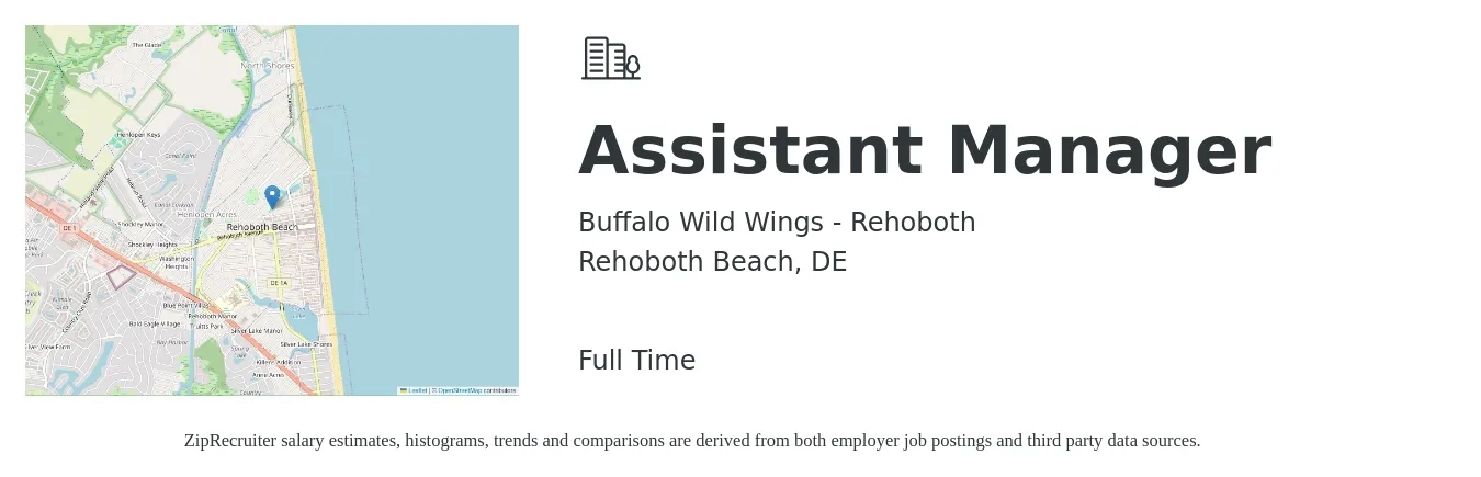 Buffalo Wild Wings - Rehoboth job posting for a Assistant Manager in Rehoboth Beach, DE with a salary of $16 to $24 Hourly with a map of Rehoboth Beach location.