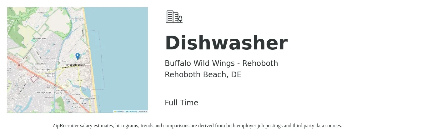 Buffalo Wild Wings - Rehoboth job posting for a Dishwasher in Rehoboth Beach, DE with a salary of $12 to $16 Hourly with a map of Rehoboth Beach location.