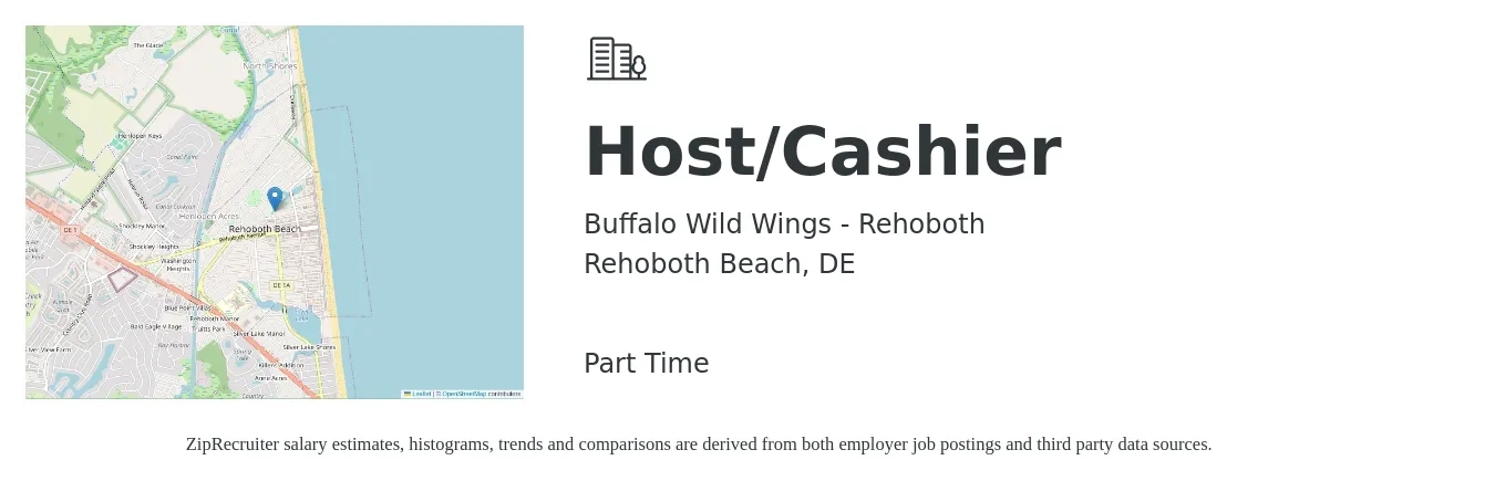 Buffalo Wild Wings - Rehoboth job posting for a Host/Cashier in Rehoboth Beach, DE with a salary of $12 to $16 Hourly with a map of Rehoboth Beach location.