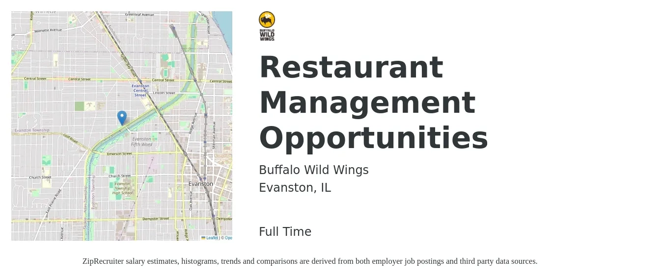 Buffalo Wild Wings job posting for a Restaurant Management Opportunities in Evanston, IL with a salary of $42,900 to $60,600 Yearly with a map of Evanston location.