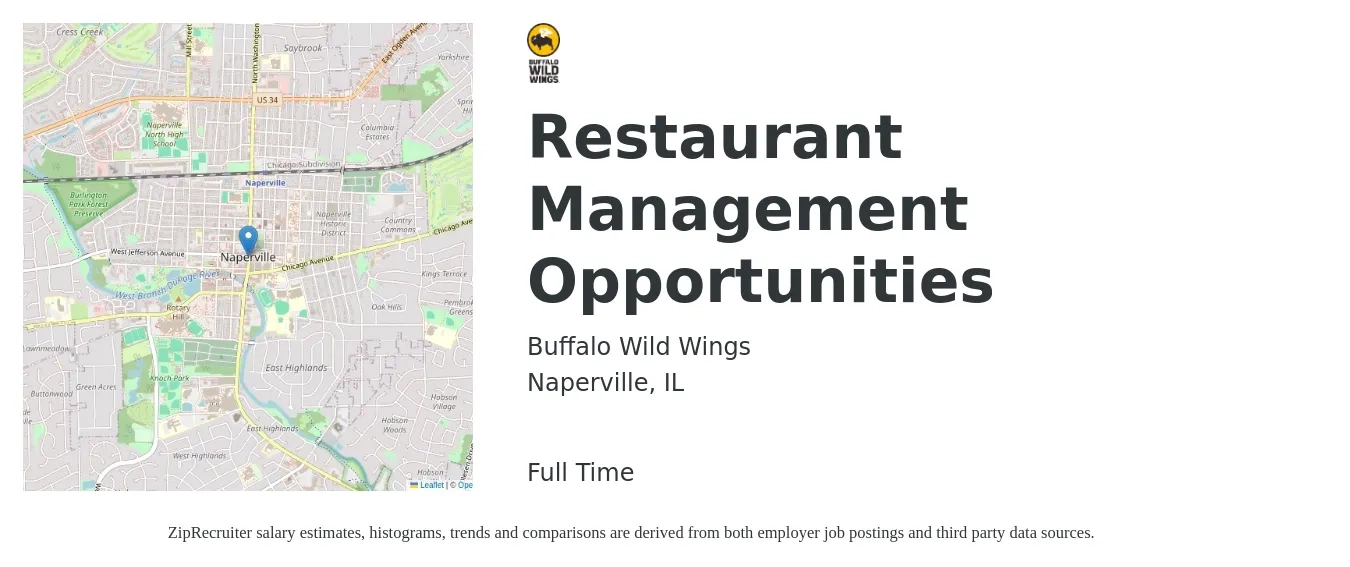 Buffalo Wild Wings job posting for a Restaurant Management Opportunities in Naperville, IL with a salary of $40,000 to $64,400 Yearly with a map of Naperville location.