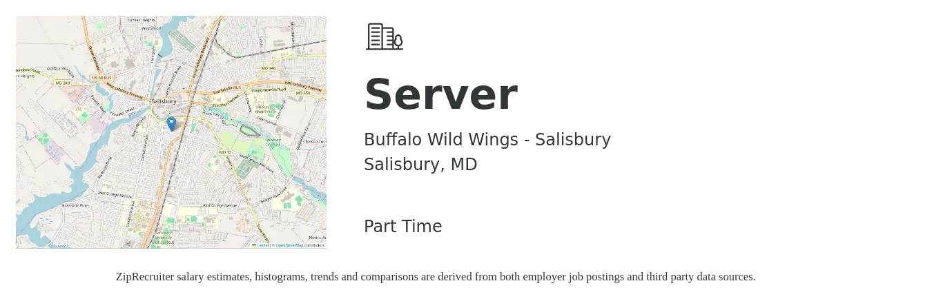 Buffalo Wild Wings - Salisbury job posting for a Server in Salisbury, MD with a salary of $10 to $18 Hourly with a map of Salisbury location.