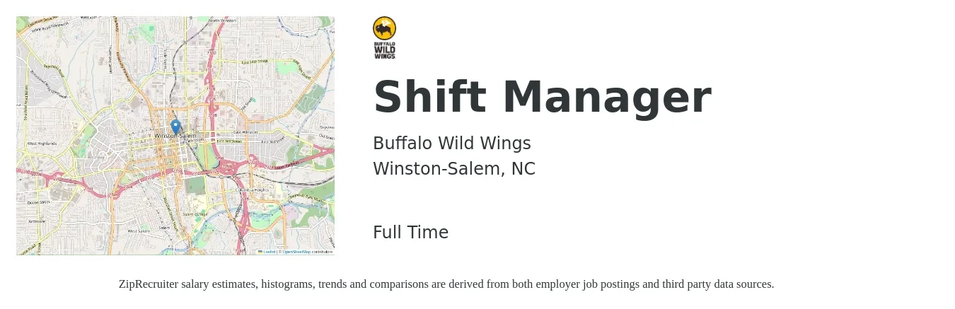 Buffalo Wild Wings job posting for a Shift Manager in Winston-Salem, NC with a salary of $14 to $18 Hourly with a map of Winston-Salem location.