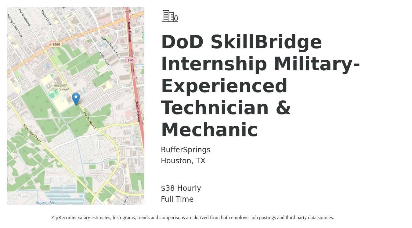 BufferSprings job posting for a DoD SkillBridge Internship Military-Experienced Technician & Mechanic in Houston, TX with a salary of $40 Hourly with a map of Houston location.