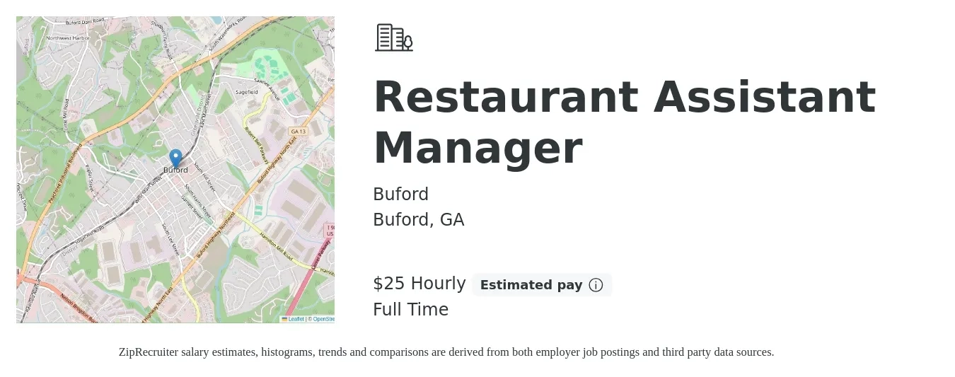 Buford job posting for a Restaurant Assistant Manager in Buford, GA with a salary of $26 Hourly with a map of Buford location.