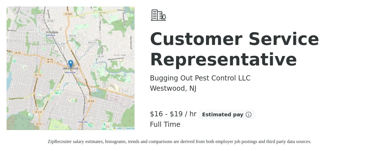 Bugging Out Pest Control LLC job posting for a Customer Service Representative in Westwood, NJ with a salary of $17 to $20 Hourly and benefits including pto with a map of Westwood location.