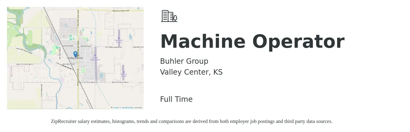 Buhler Group job posting for a Machine Operator in Valley Center, KS with a salary of $17 to $20 Hourly with a map of Valley Center location.