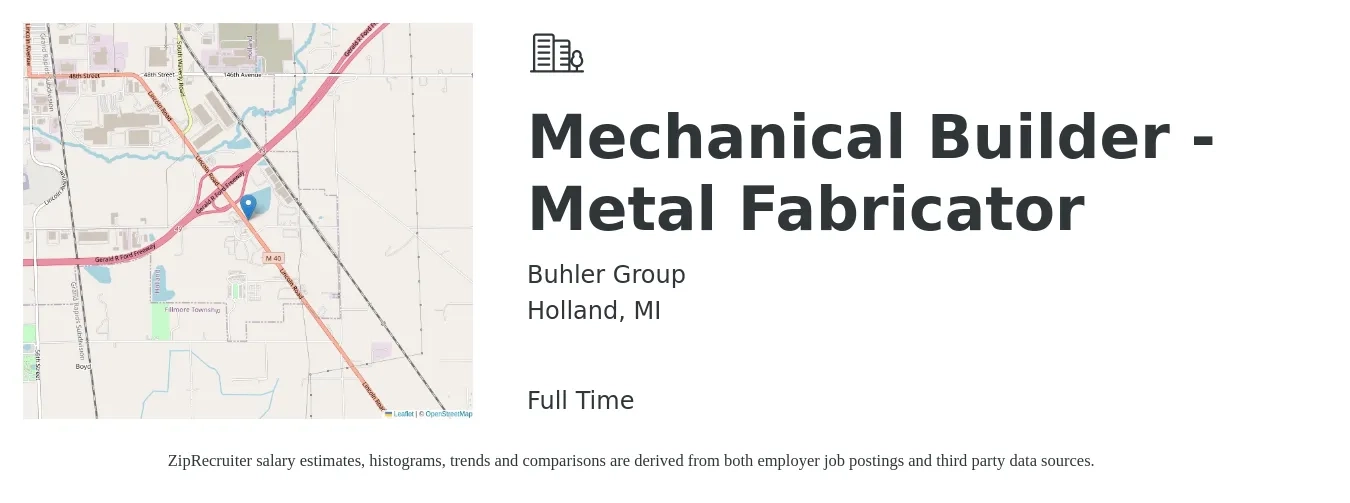 Buhler Group job posting for a Mechanical Builder - Metal Fabricator in Holland, MI with a salary of $17 to $24 Hourly with a map of Holland location.