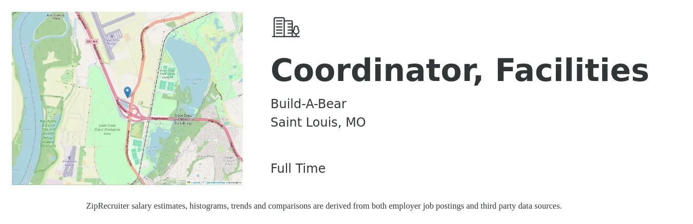 Build-A-Bear job posting for a Coordinator, Facilities in Saint Louis, MO with a salary of $20 to $27 Hourly with a map of Saint Louis location.