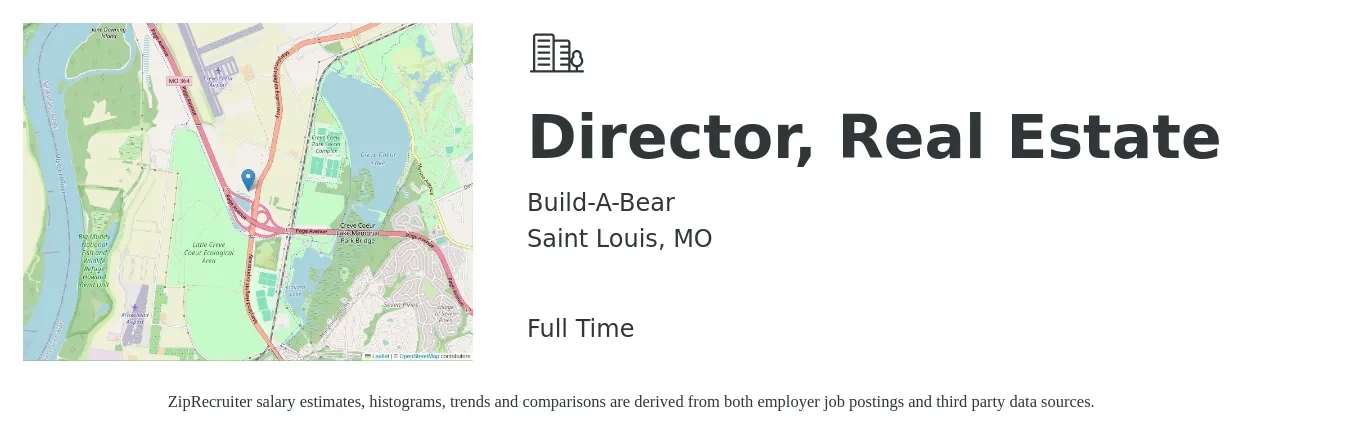 Build-A-Bear job posting for a Director, Real Estate in Saint Louis, MO with a salary of $87,100 to $140,300 Yearly with a map of Saint Louis location.