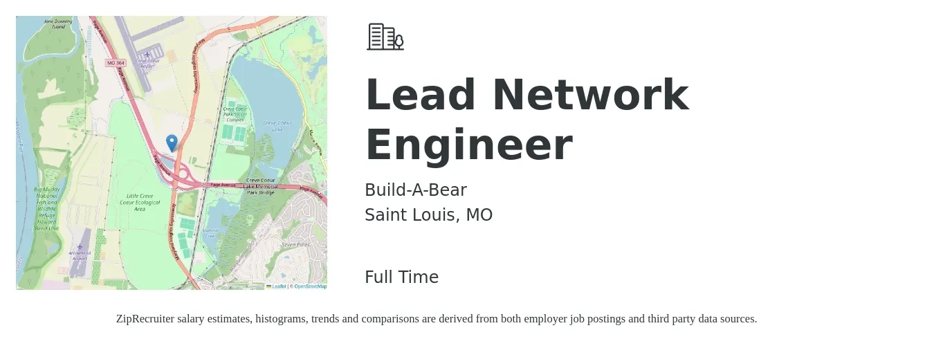 Build-A-Bear job posting for a Lead Network Engineer in Saint Louis, MO with a salary of $98,200 to $135,500 Yearly with a map of Saint Louis location.