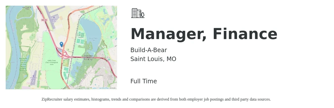 Build-A-Bear job posting for a Manager, Finance in Saint Louis, MO with a salary of $91,400 to $162,500 Yearly with a map of Saint Louis location.