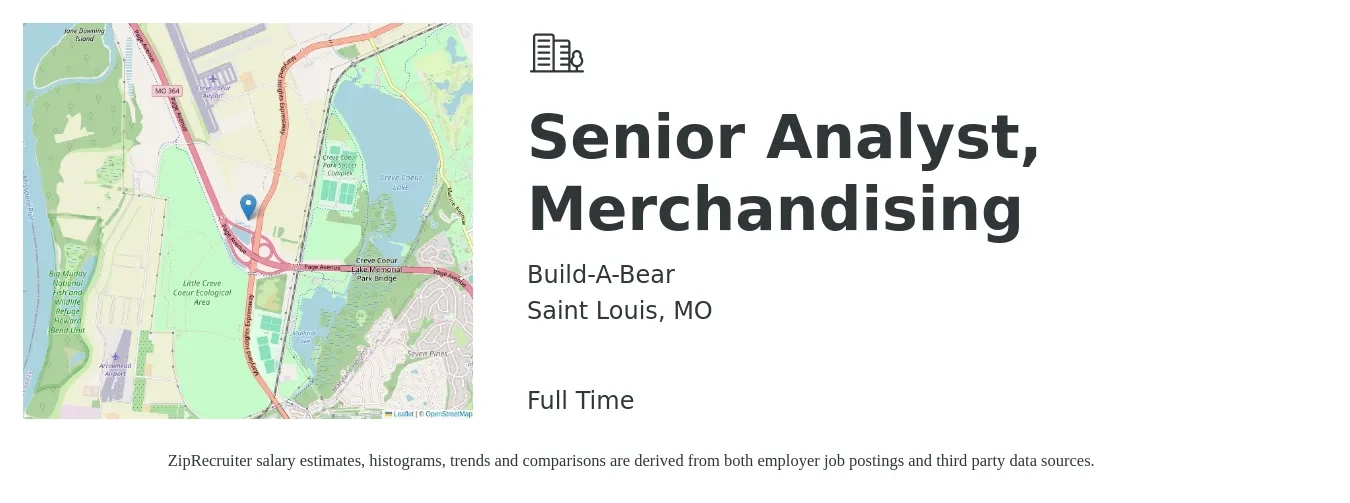 Build-A-Bear job posting for a Senior Analyst, Merchandising in Saint Louis, MO with a salary of $85,100 to $112,700 Yearly with a map of Saint Louis location.