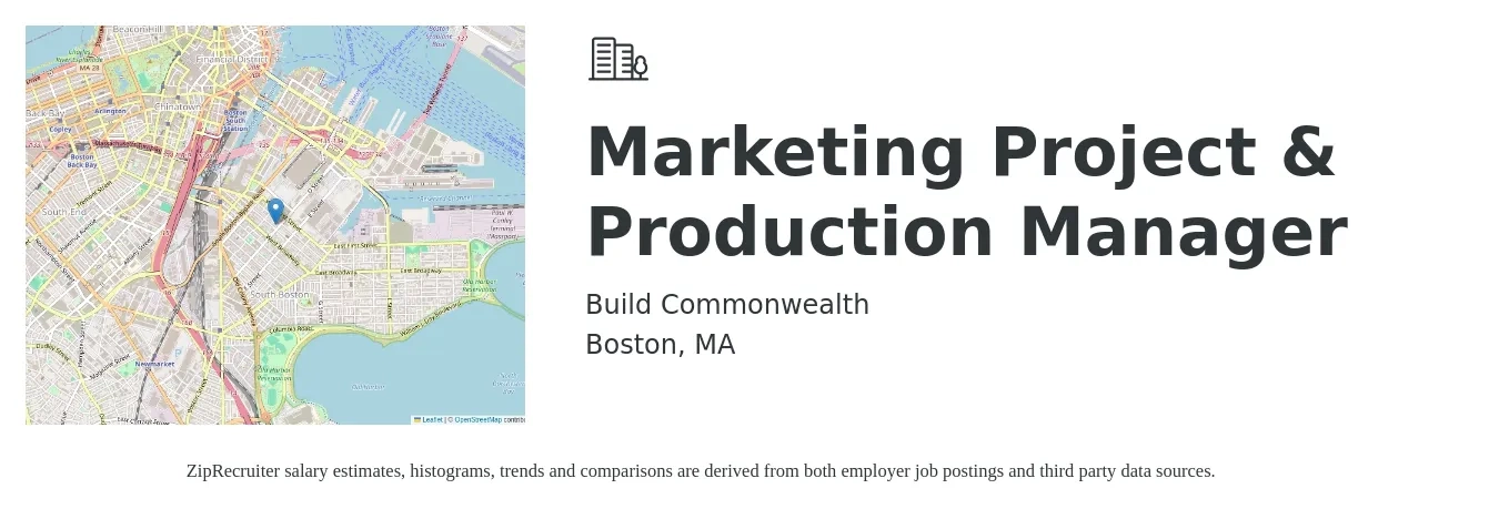 Build Commonwealth job posting for a Marketing Project & Production Manager in Boston, MA with a salary of $81,000 Yearly with a map of Boston location.