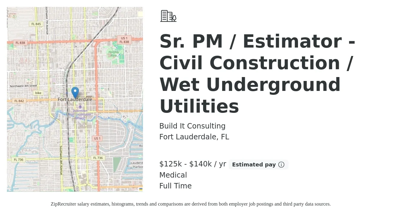 Build It Consulting job posting for a Sr. PM / Estimator - Civil Construction / Wet Underground Utilities in Fort Lauderdale, FL with a salary of $125,000 to $140,000 Yearly and benefits including medical, and retirement with a map of Fort Lauderdale location.