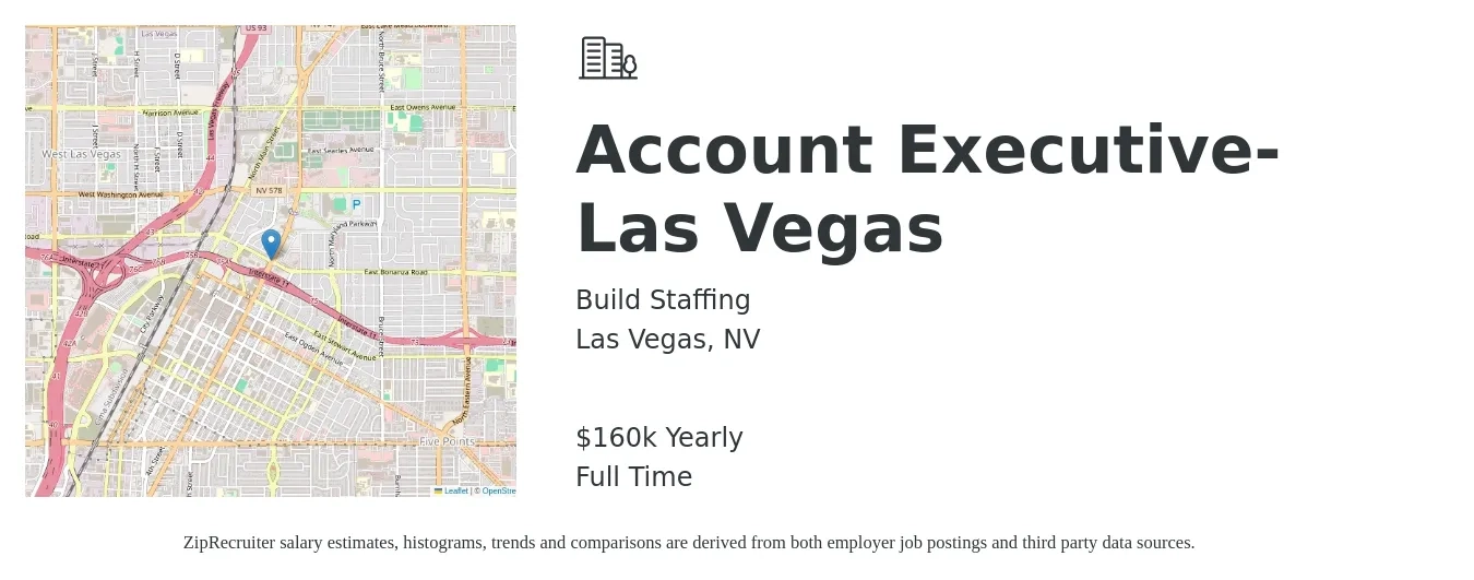 Build Staffing job posting for a Account Executive- Las Vegas in Las Vegas, NV with a salary of $51,600 to $90,700 Yearly with a map of Las Vegas location.