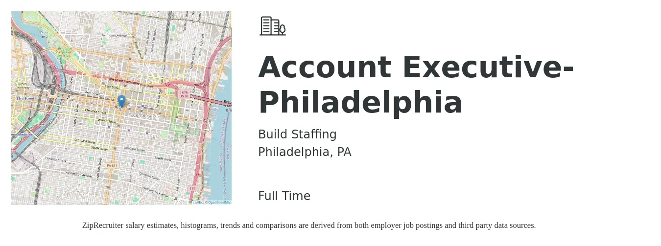Build Staffing job posting for a Account Executive- Philadelphia in Philadelphia, PA with a salary of $51,600 to $90,800 Yearly with a map of Philadelphia location.