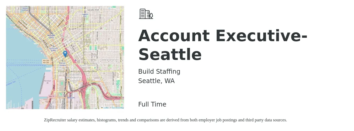 Build Staffing job posting for a Account Executive- Seattle in Seattle, WA with a salary of $61,500 to $108,100 Yearly with a map of Seattle location.
