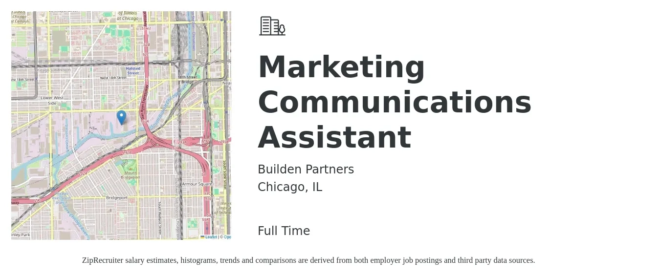Builden Partners job posting for a Marketing Communications Assistant in Chicago, IL with a salary of $45,300 to $55,100 Yearly with a map of Chicago location.