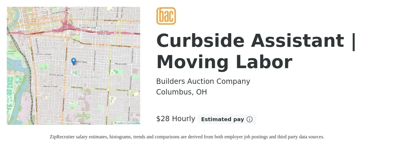 Builders Auction Company job posting for a Curbside Assistant | Moving Labor in Columbus, OH with a salary of $30 Hourly with a map of Columbus location.