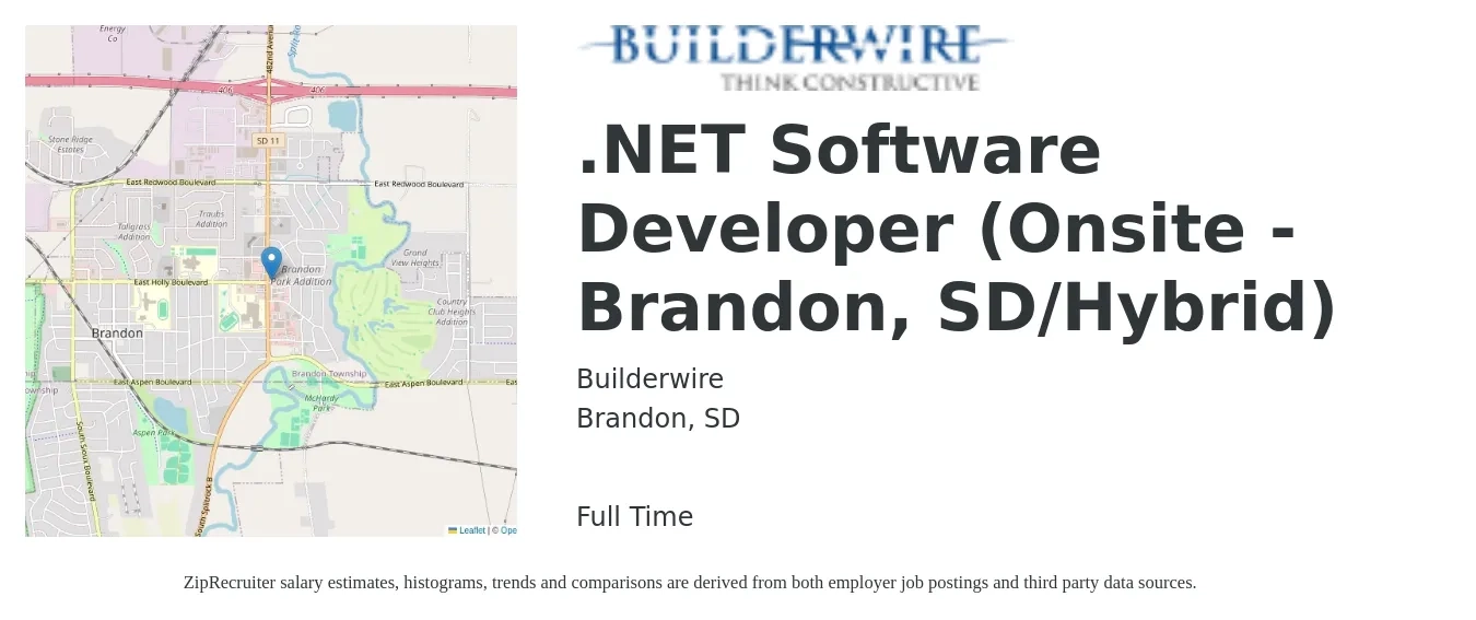 Builderwire job posting for a .NET Software Developer (Onsite - Brandon, SD/Hybrid) in Brandon, SD with a salary of $90,500 to $130,800 Yearly with a map of Brandon location.