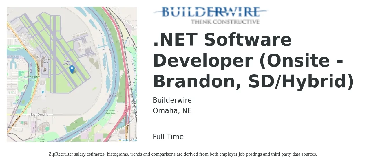 Builderwire job posting for a .NET Software Developer (Onsite - Brandon, SD/Hybrid) in Omaha, NE with a salary of $86,100 to $124,400 Yearly with a map of Omaha location.