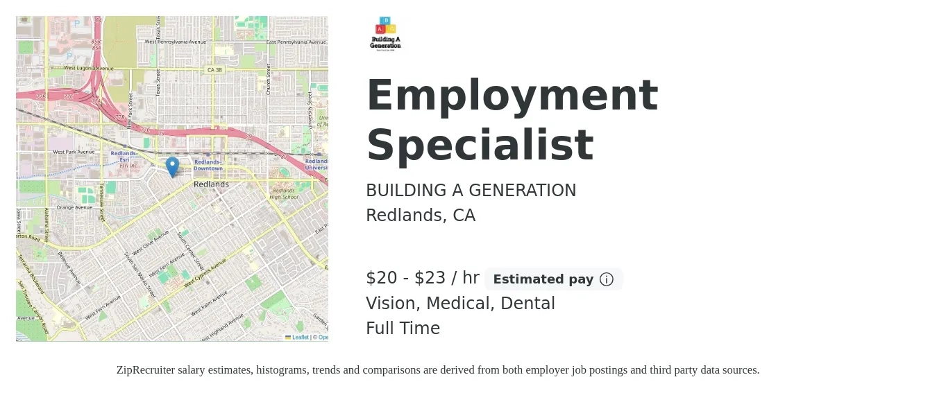 BUILDING A GENERATION job posting for a Employment Specialist in Redlands, CA with a salary of $21 to $24 Hourly and benefits including dental, life_insurance, medical, and vision with a map of Redlands location.