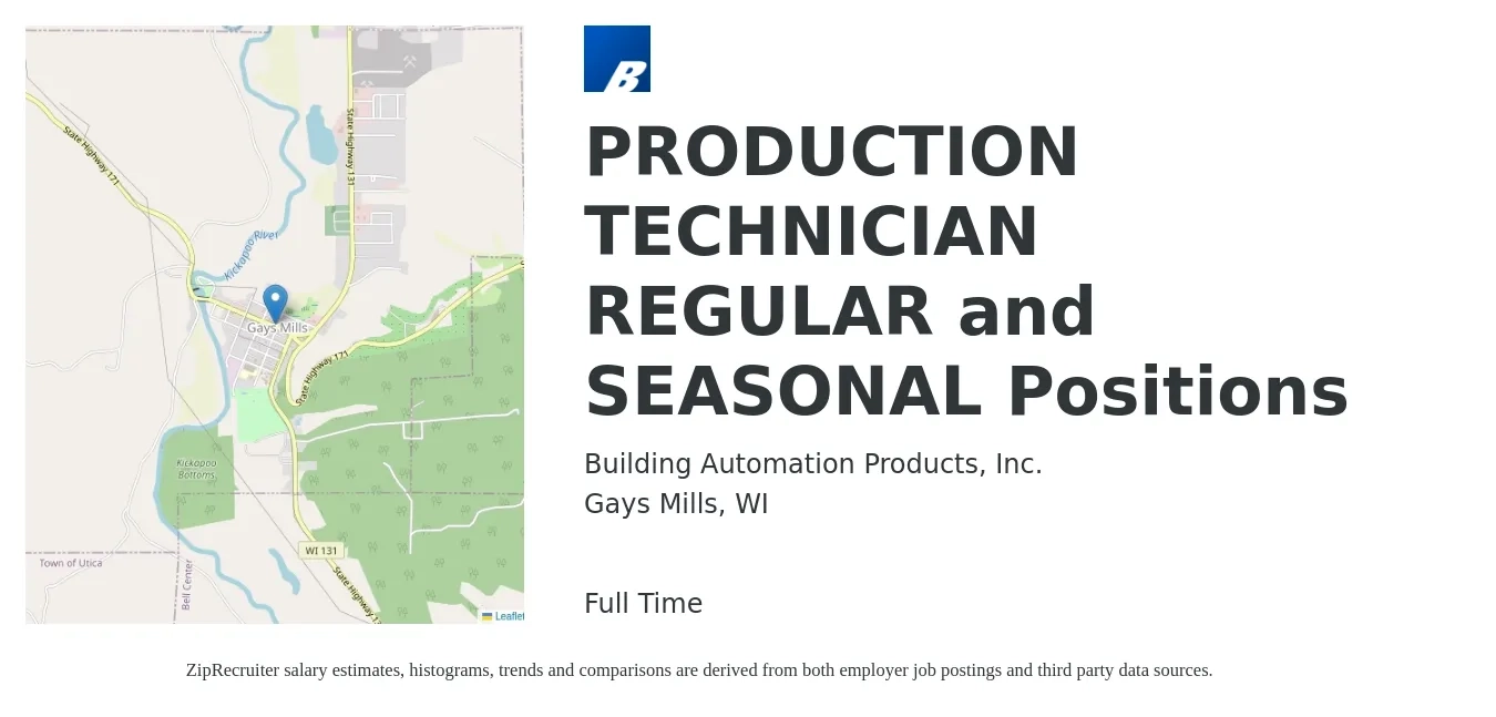 Building Automation Products, Inc job posting for a PRODUCTION TECHNICIAN REGULAR and SEASONAL Positions in Gays Mills, WI with a salary of $16 to $20 Hourly with a map of Gays Mills location.