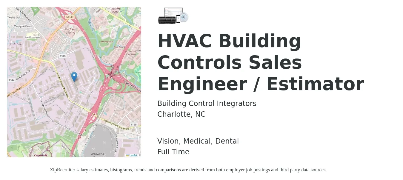 Building Control Integrators job posting for a HVAC Building Controls Sales Engineer / Estimator in Charlotte, NC with a salary of $24 to $33 Hourly and benefits including dental, life_insurance, medical, pto, retirement, and vision with a map of Charlotte location.