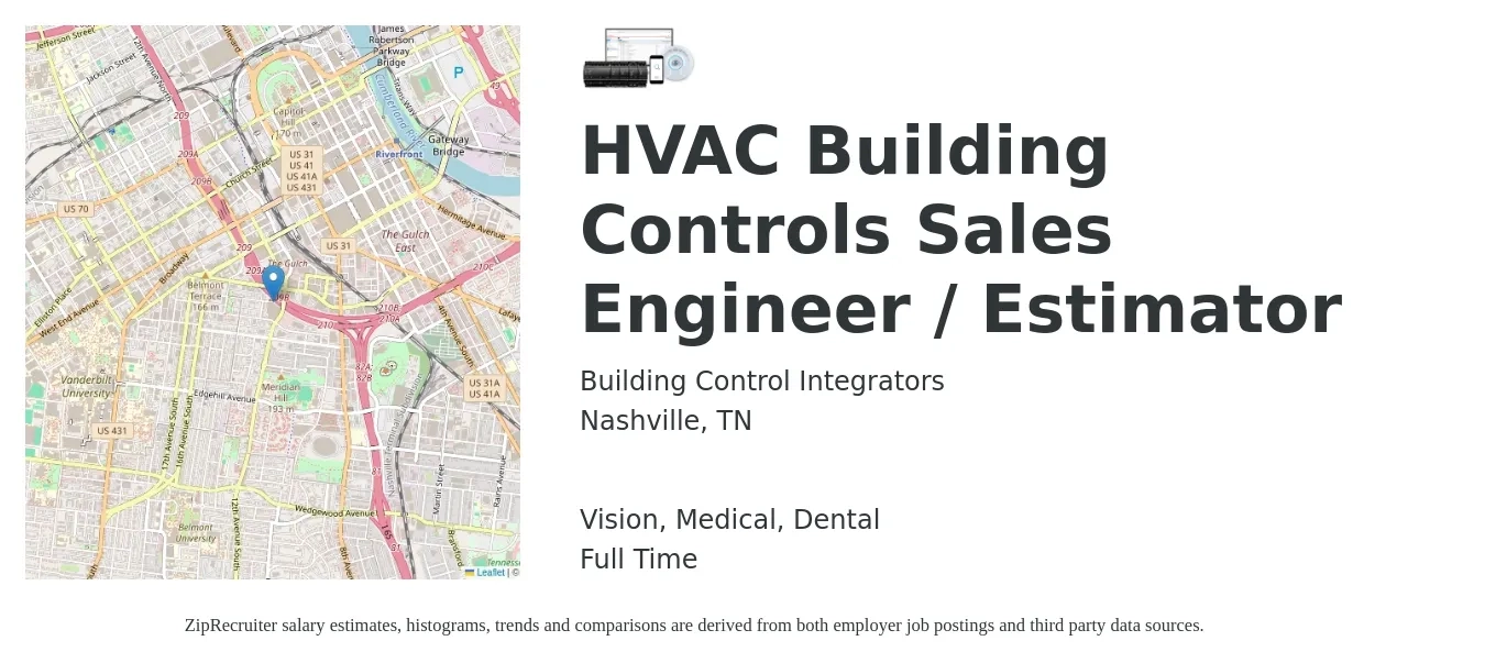 Building Control Integrators job posting for a HVAC Building Controls Sales Engineer / Estimator in Nashville, TN with a salary of $24 to $32 Hourly and benefits including dental, life_insurance, medical, pto, retirement, and vision with a map of Nashville location.