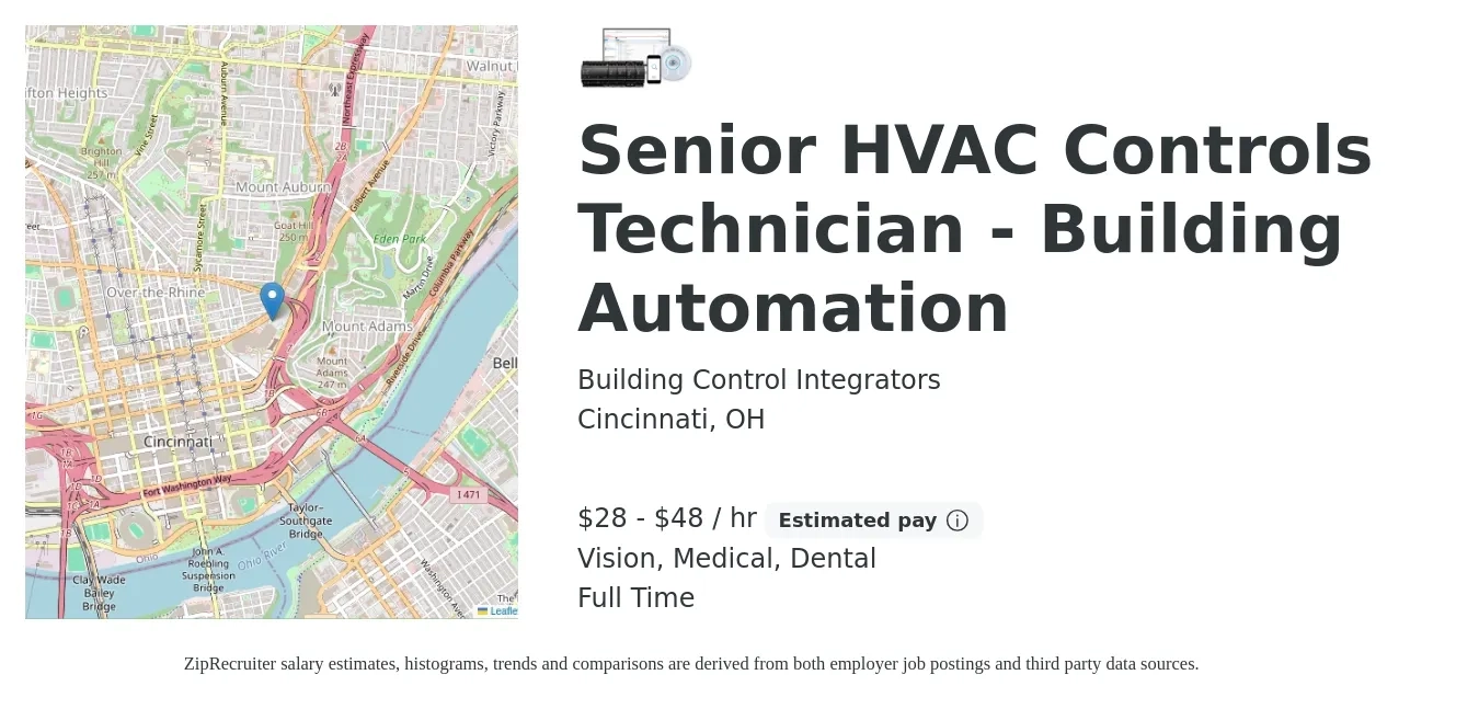 Building Control Integrators job posting for a Senior HVAC Controls Technician - Building Automation in Cincinnati, OH with a salary of $30 to $50 Hourly and benefits including medical, pto, retirement, vision, dental, and life_insurance with a map of Cincinnati location.