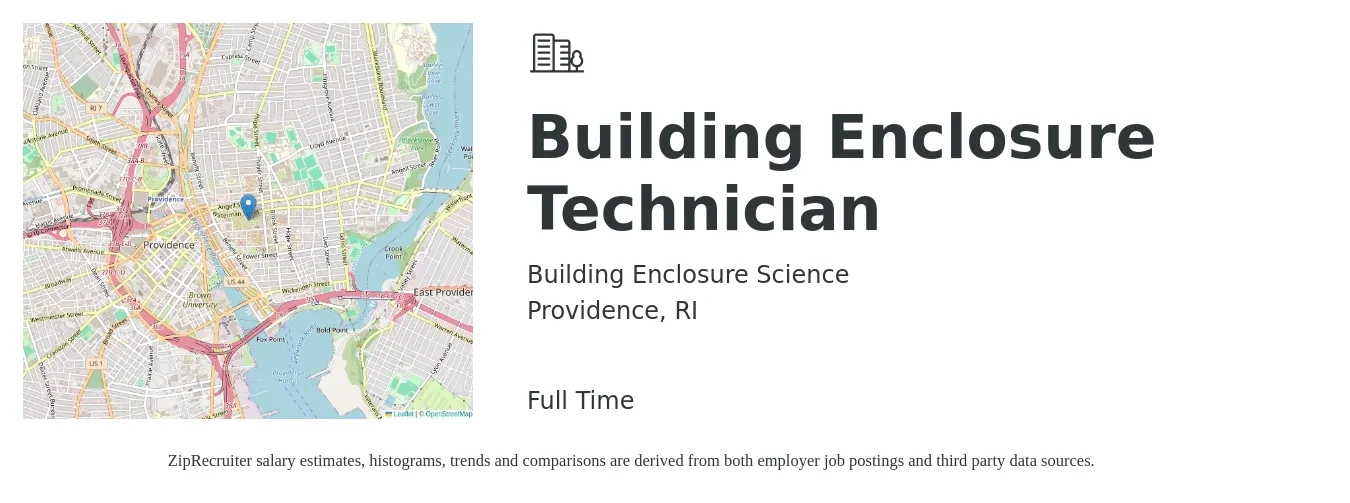 Building Enclosure Science job posting for a Building Enclosure Technician in Providence, RI with a salary of $19 to $30 Hourly with a map of Providence location.